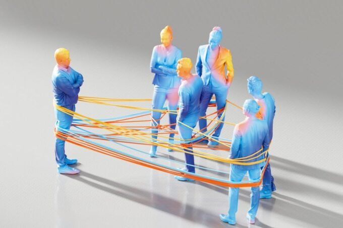 A leader standing confidently in a boardroom, making a difficult decision, with team members listening intently.