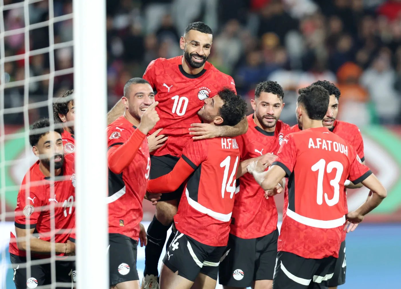Egyptian national football team celebrating a goal against Côte d'Ivoire in AFCON 2025