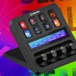Elgato Stream Deck+ device with its eight customizable buttons, LCD touch strip, and four control dials, showcasing its sleek design.
