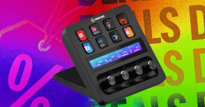 Elgato Stream Deck+ device with its eight customizable buttons, LCD touch strip, and four control dials, showcasing its sleek design.