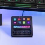 Elgato Stream Deck Plus controller displaying its eight programmable keys, four rotary dials, and a small contextual touchscreen.