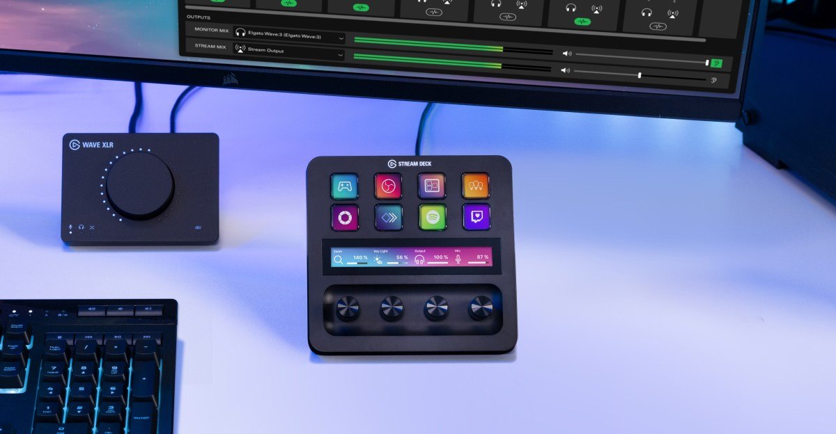 Elgato Stream Deck Plus controller displaying its eight programmable keys, four rotary dials, and a small contextual touchscreen.