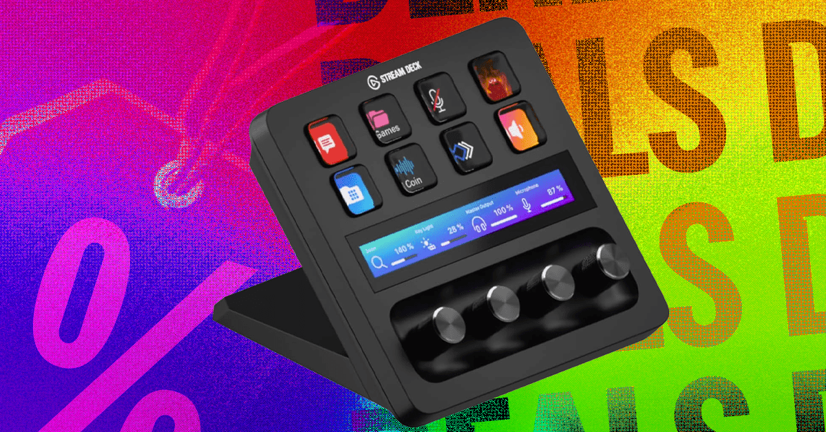 Elgato Stream Deck+ device with its eight customizable buttons, LCD touch strip, and four control dials, showcasing its sleek design.