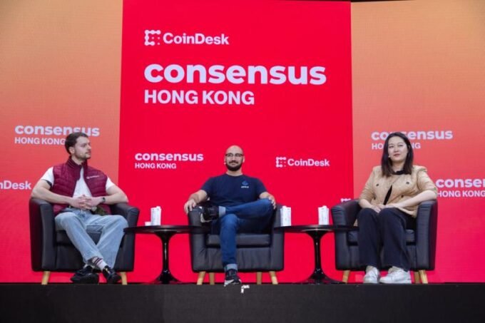 Sandy Peng, Mike Silagadze, and Matt Gurbiel speaking at Consensus Hong Kong 2025