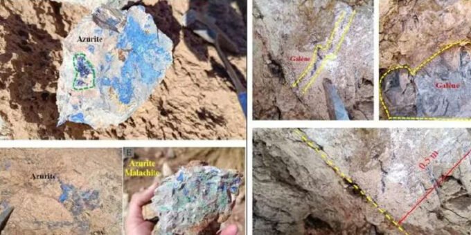 Carte géologique du Maroc montrant les zones d'exploration minière de cuivre, plomb et argent.