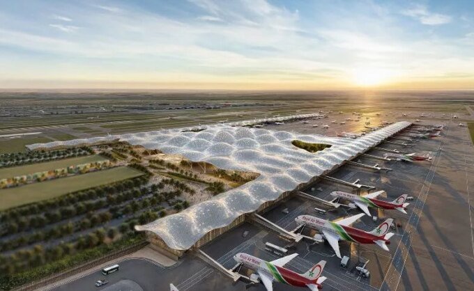 Vue d'artiste du futur terminal de l'aéroport Mohammed V de Casablanca, illustrant l'ambition de son développement.