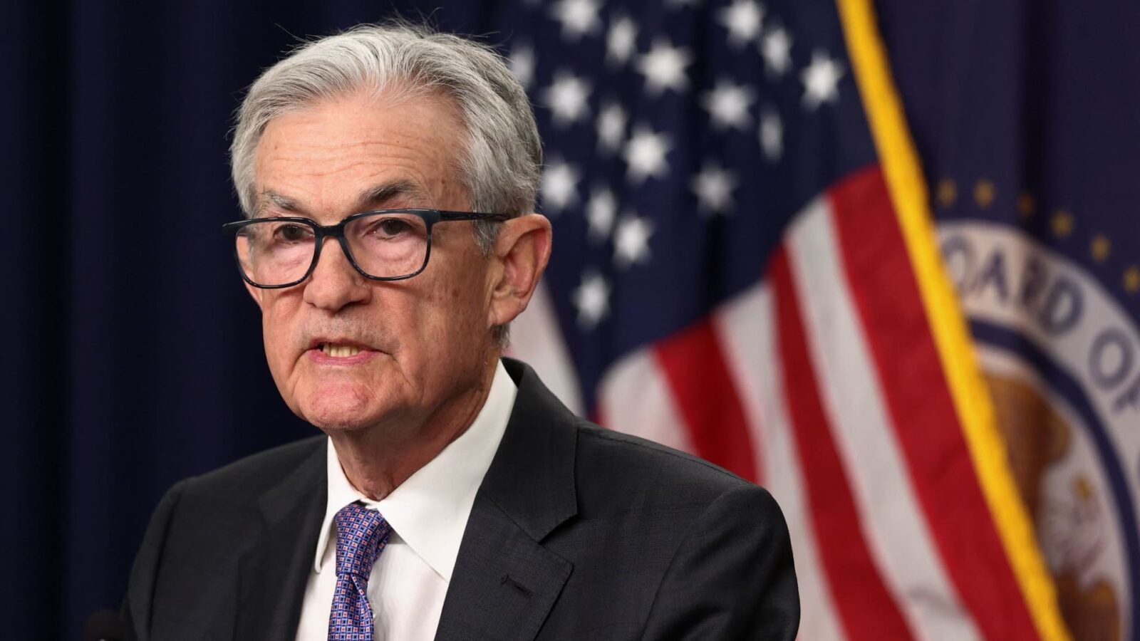 US Federal Reserve Chair Jerome Powell holds a press conference in Washington.