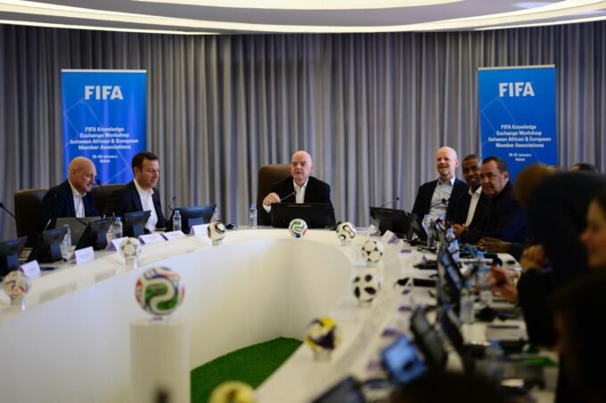 FIFA President Gianni Infantino addresses delegates at the Knowledge Exchange Workshop in Rabat, Morocco, with officials from African and European football federations.