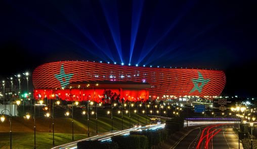 Vue aérienne du Stade Prince Moulay Abdellah à Rabat, prêt à accueillir la finale de la CAN 2025 entre le Maroc et le Sénégal.