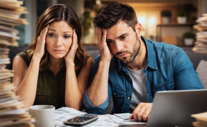 A person looking stressed while reviewing financial documents, with growth charts in the background appearing stunted.