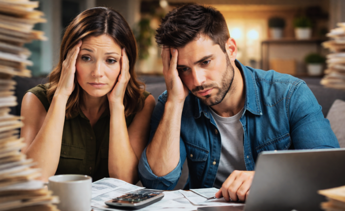 A person looking stressed while reviewing financial documents, with growth charts in the background appearing stunted.
