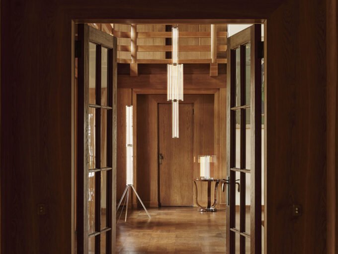 FLOS SuperWire modular lamps by Formafantasma, showcasing hexagonal glass modules and exposed LED filaments.