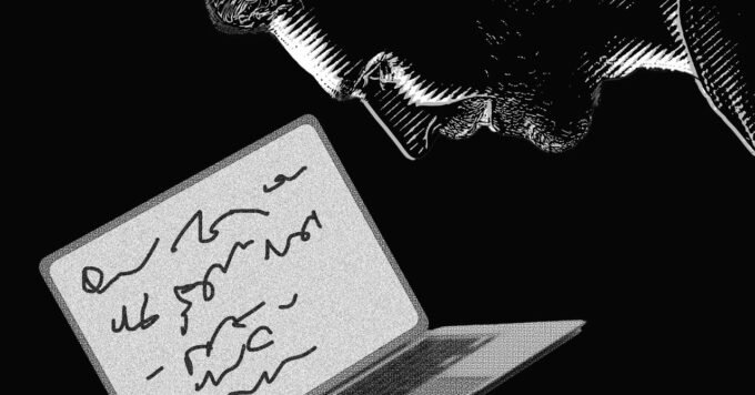 A person speaking into a microphone with transcribed text appearing on a computer screen, illustrating the Handy app in action.