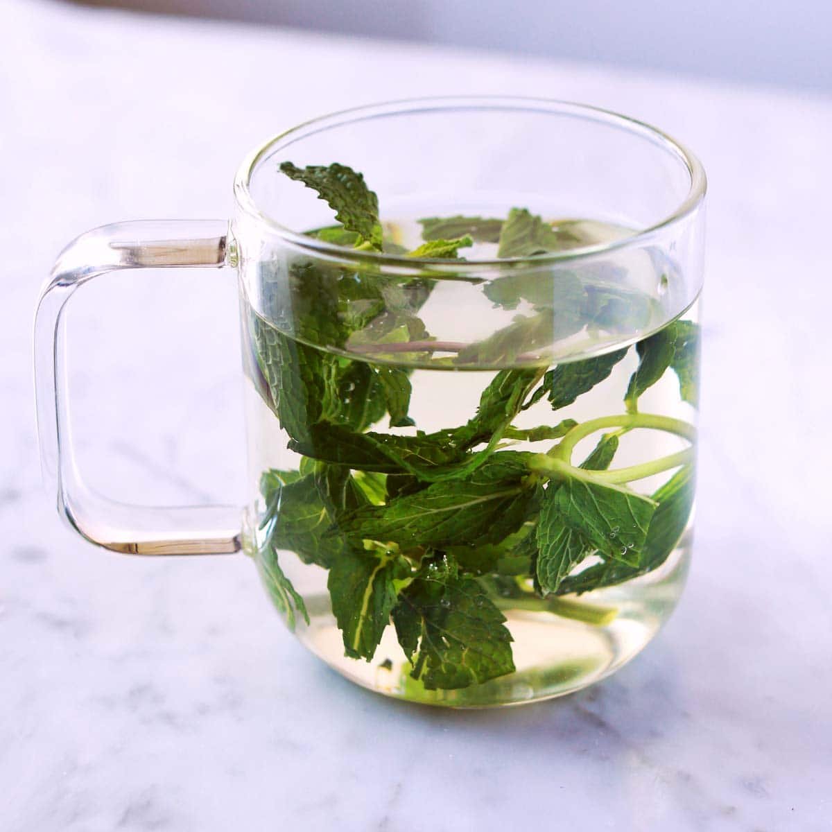 A steaming mug of fresh mint tea with vibrant green mint leaves and a slice of lemon, on a rustic wooden table.