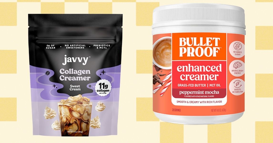 Various functional coffee add-in powders and creamers displayed next to a steaming cup of coffee.