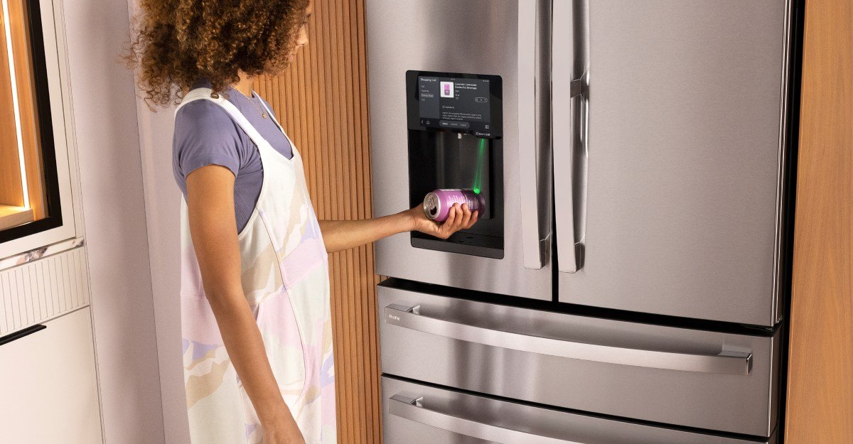 GE Profile Smart 4-Door French-Door Refrigerator with Kitchen Assistant, featuring a barcode scanner and integrated tablet.