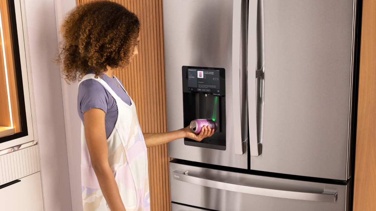 GE Smart Refrigerator with Kitchen Assistant featuring a barcode scanner and sleek design
