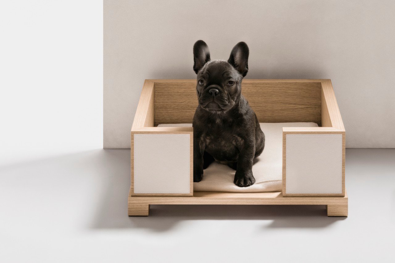Giobagnara Oscar Dog Bed and Bowls, luxury leather and oak pet furniture for a stylish home.