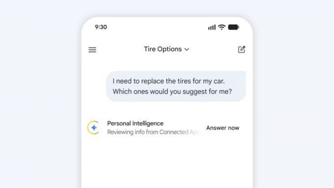 Google Gemini logo with various Google app icons like Gmail, Photos, YouTube, and Search, illustrating the Personal Intelligence feature.