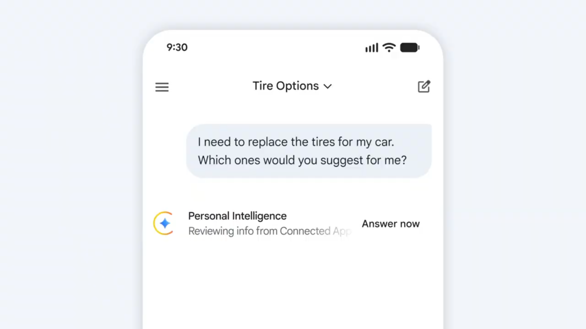 Google Gemini logo with various Google app icons like Gmail, Photos, YouTube, and Search, illustrating the Personal Intelligence feature.