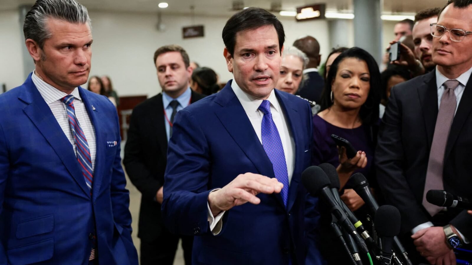 U.S. Secretary of State Marco Rubio speaking to media alongside U.S. Defense Secretary Pete Hegseth on Capitol Hill.