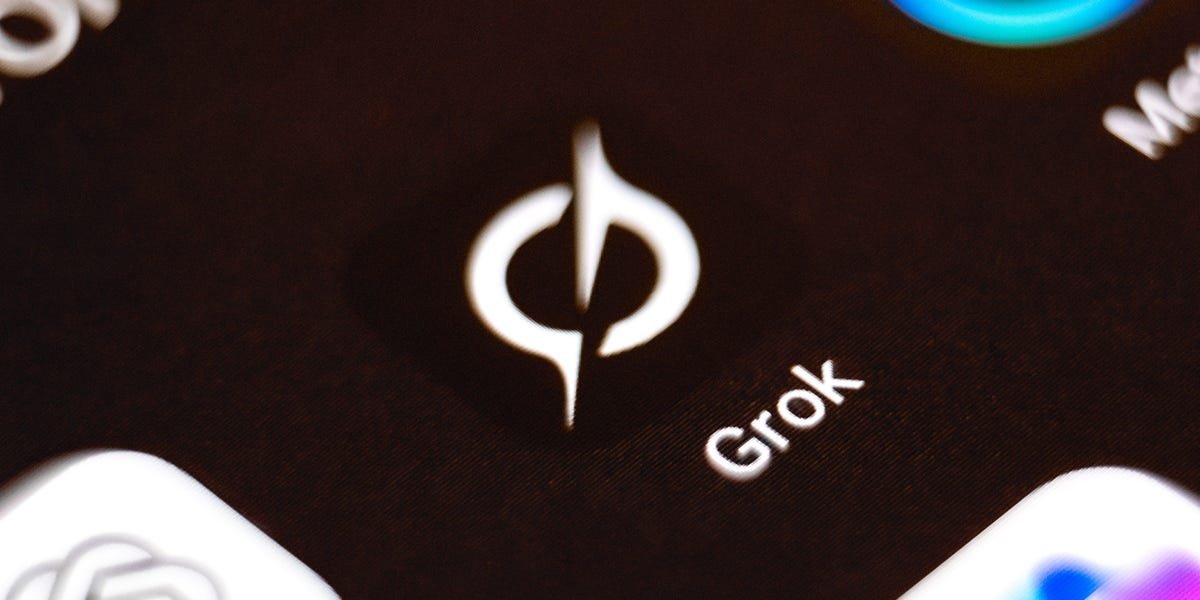 Illustration depicting Grok AI logo with a red 'suspended' stamp over it, set against a backdrop suggesting Indonesian digital landscape.