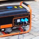 A modern home with a backup generator running during a power outage, illustrating comfort and preparedness.