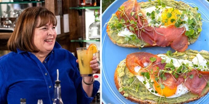 Ina Garten's elevated avocado toast on a rustic plate with fresh ingredients and a lemon wedge