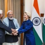 Narendra Modi, Antonio Costa et Ursula von der Leyen à New Delhi, célébrant l'accord UE-Inde.