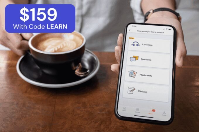 A person using a language learning app on a tablet, with a world map in the background, symbolizing global connection and career growth.