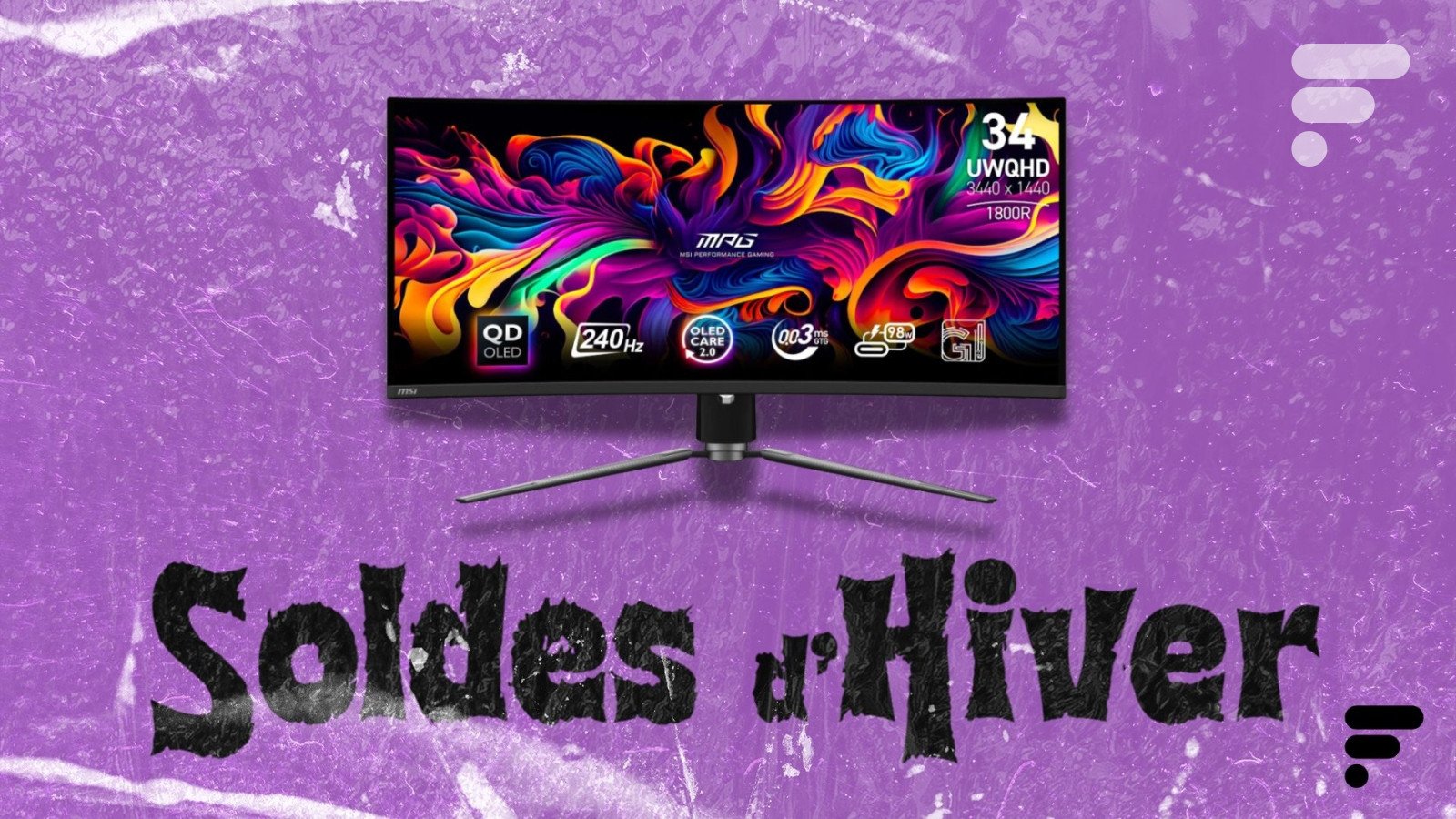 Écran PC gamer MSI MPG 341CQPX QD-OLED 34 pouces incurvé, affichant une image de jeu dynamique, avec le logo MSI visible.