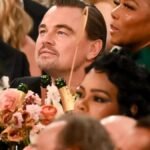 Leonardo DiCaprio animatedly speaking at the 2026 Golden Globes