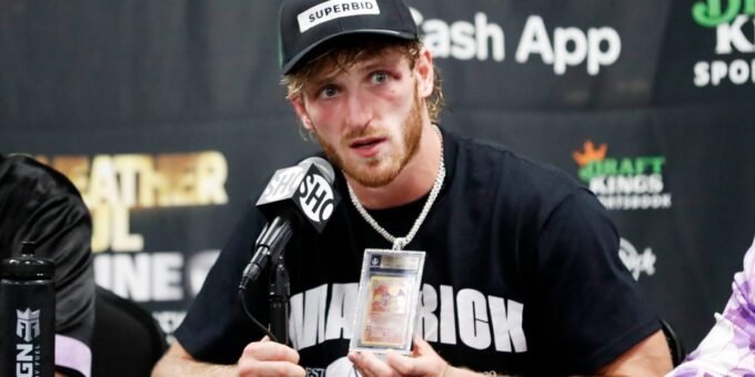 Logan Paul wearing his rare Pikachu Illustrator Pokémon card as a necklace, symbolizing his blend of passion and investment.