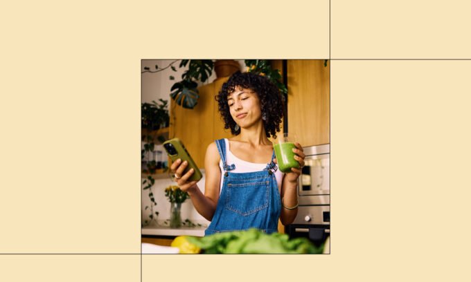 A person using the Lumen Metabolism Tracker device, with the app interface visible on a smartphone.