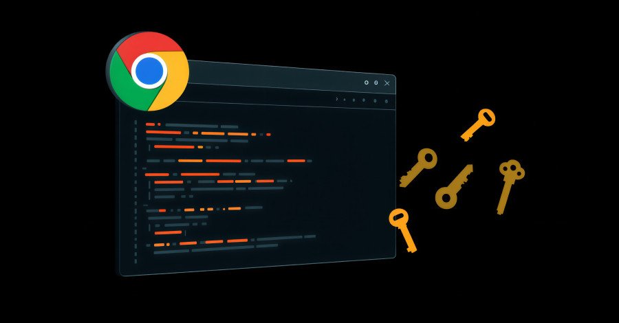 Illustration of a Google Chrome browser icon with malicious code or a lock icon, representing compromised extensions.