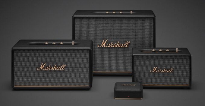 The Marshall Heddon music streaming hub with its distinctive Marshall design, showing connectivity ports and branding.