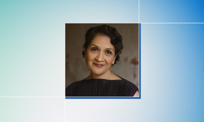 A woman meditating or in a state of calm, symbolizing stress management and balance during menopause, with subtle Ayurvedic elements.