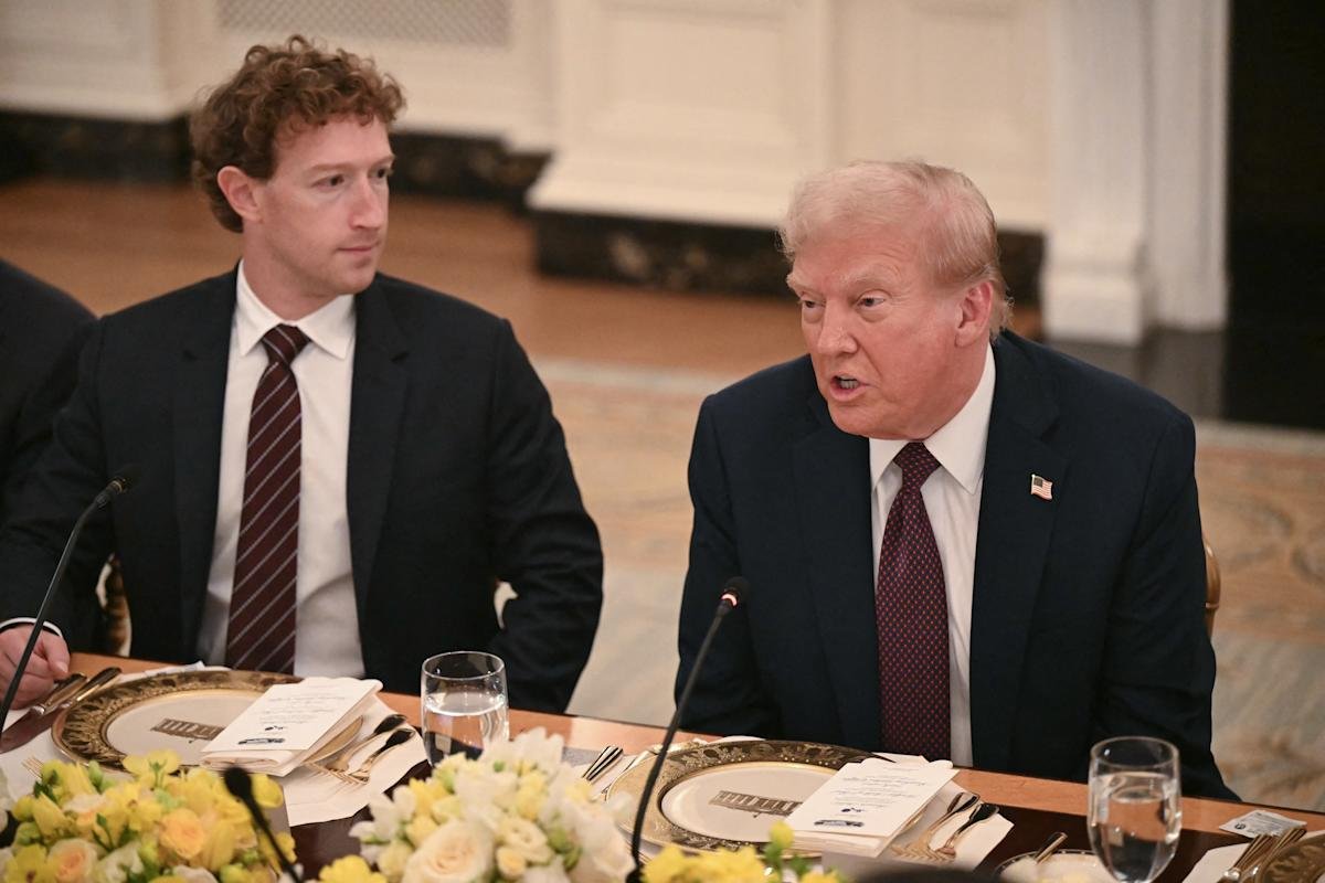 US President Donald Trump speaks with Meta CEO Mark Zuckerberg at a dinner for tech leaders in the State Dining Room at the White House.