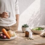 A serene, uncluttered space with elements representing wellness, such as a simple plant, a yoga mat, or a single, elegant wellness product.