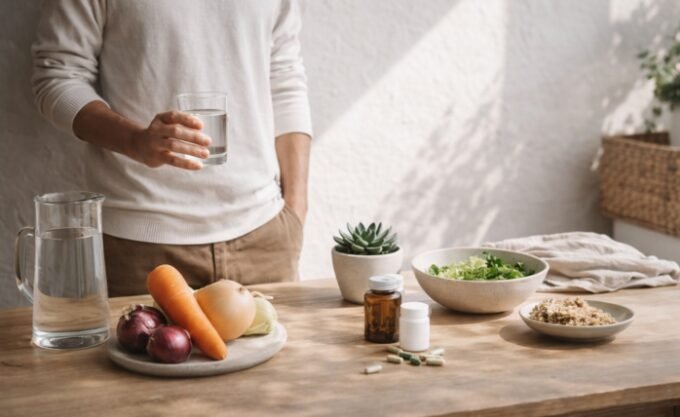 A serene, uncluttered space with elements representing wellness, such as a simple plant, a yoga mat, or a single, elegant wellness product.