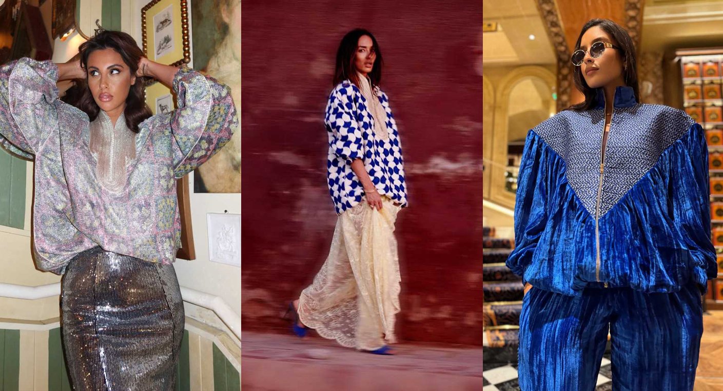 Mannequin portant une pièce de la collection "Moroccan Winter" de Qalbi, illustrant la fusion du style contemporain et de l'artisanat marocain.