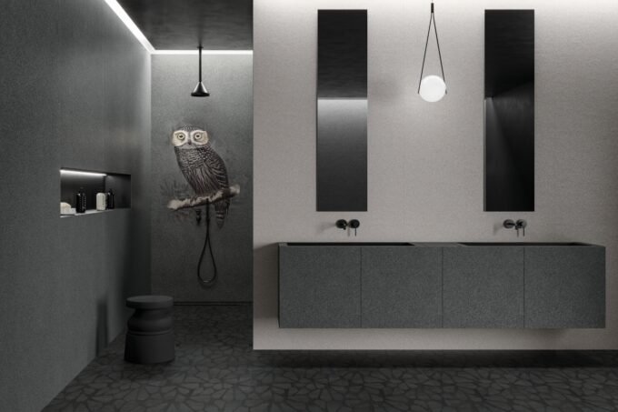 Moooi's The Nesting Room ceramic surfaces showcasing Hypnotic Owl motif in a serene interior setting