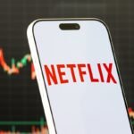 Netflix logo superimposed on financial charts and a graph showing growth, symbolizing the company's market performance and strategic challenges.