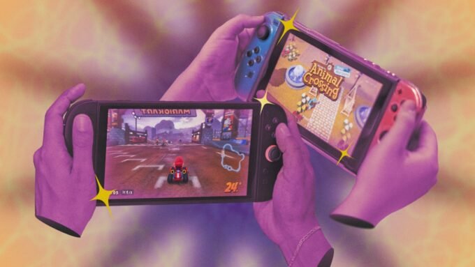 A close-up of a Nintendo Switch console with Joy-Cons, showcasing its interface and potential for customization.