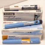 Still life image of Ozempic, Victoza, and Wegovy injectable prescription weight loss medicines.