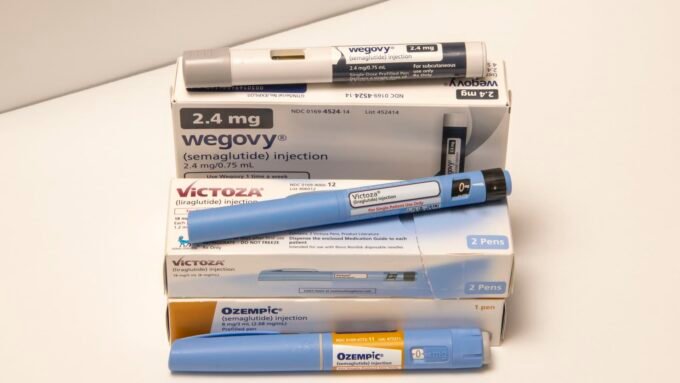 Still life image of Ozempic, Victoza, and Wegovy injectable prescription weight loss medicines.