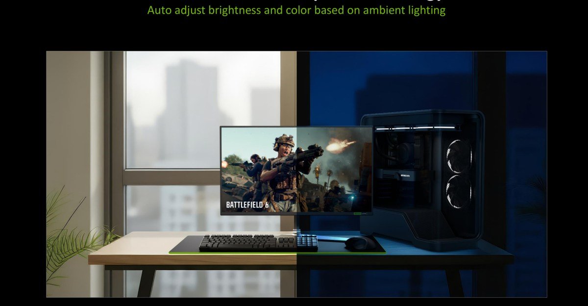 Nvidia G-Sync Pulsar monitor displaying vibrant graphics, showcasing its adaptive brightness technology in action.
