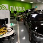 Nvidia autonomous vehicle test cars at the company's auto garage in Santa Clara, California.