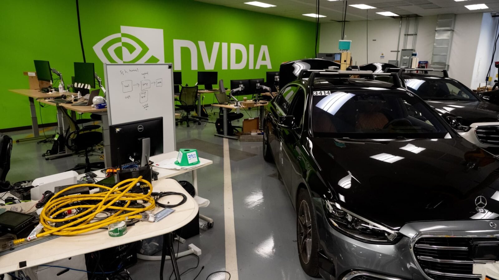 Nvidia autonomous vehicle test cars at the company's auto garage in Santa Clara, California.