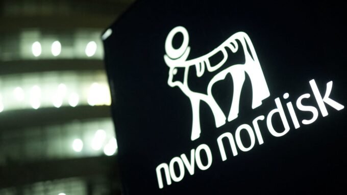 The Novo Nordisk logo displayed prominently on a building in Bagsvaerd, Denmark, symbolizing the pharmaceutical company's presence in the global health market.